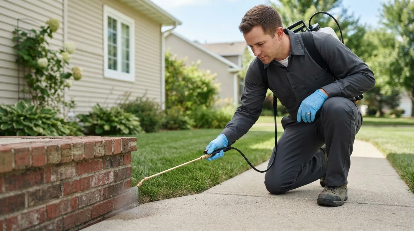 Pest control technician treating a home near Garrison, ND